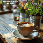 Tazza di caffè con fiori e piante su tavolo in legno, con luce naturale e il messaggio "Buongiorno! Che questa giornata porti felicità e serenità a te e a chi ami."