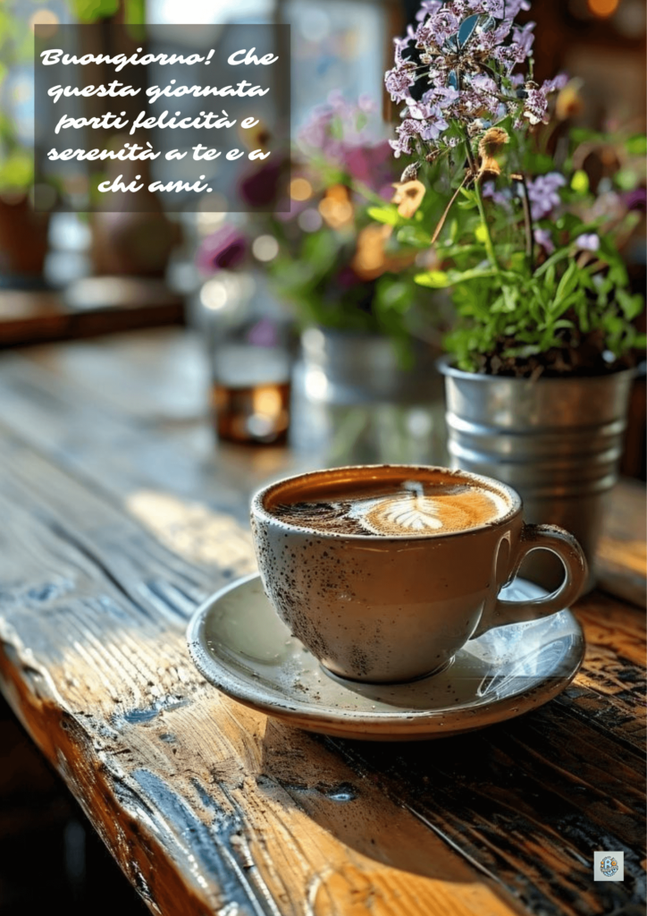 Tazza di caffè con fiori e piante su tavolo in legno, con luce naturale e il messaggio "Buongiorno! Che questa giornata porti felicità e serenità a te e a chi ami."