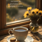 Tazza di caffè con biscotti e girasoli in vaso su una finestra, con il messaggio "Buongiorno! Una tazza di caffè per iniziare la giornata con energia e sorrisi."