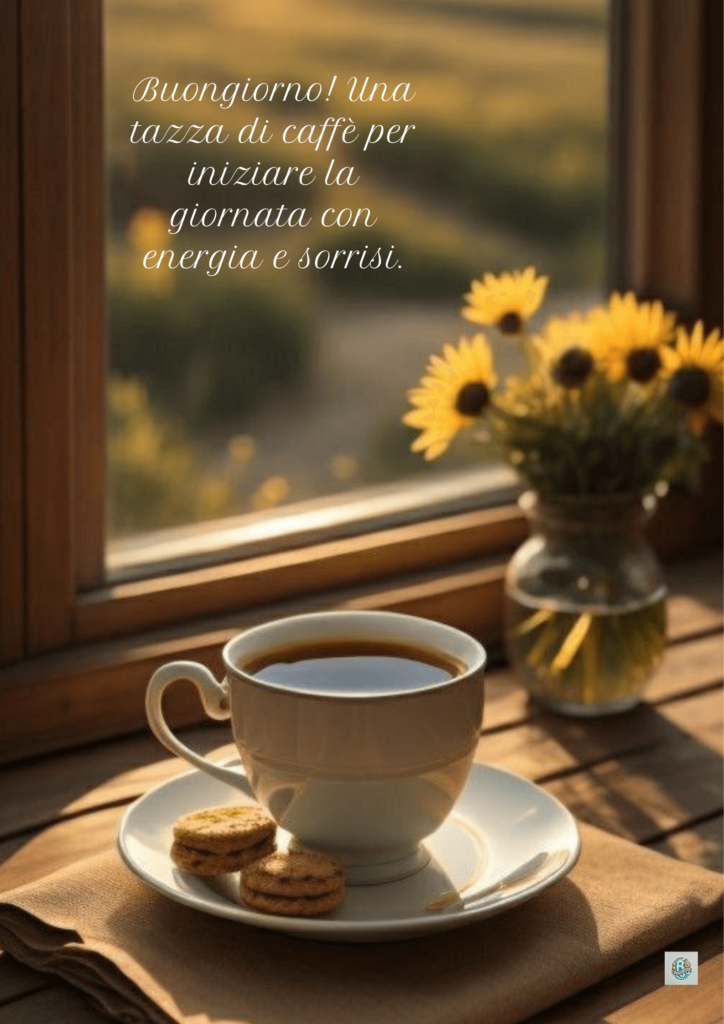 Tazza di caffè con biscotti e girasoli in vaso su una finestra, con il messaggio "Buongiorno! Una tazza di caffè per iniziare la giornata con energia e sorrisi."