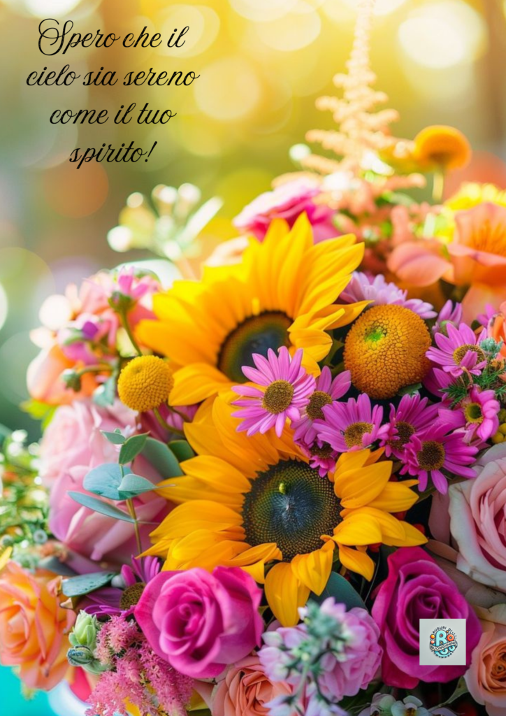 Immagine-di-un-bouquet-di-fiori-colorati-con-girasoli-rosa-e-fiori-variegati-con-messaggio-Spero-che-il-cielo-sia-sereno-come-il-tuo-spirito.