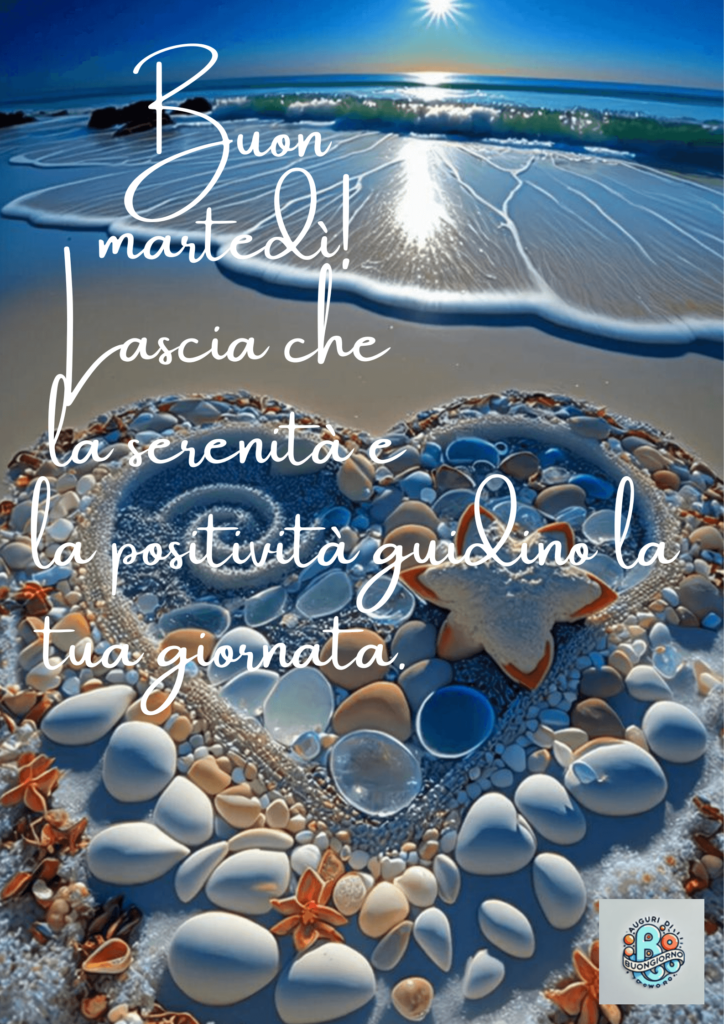 Una-spiaggia-al-tramonto-con-un-cuore-di-pietre-colorate-e-conchiglie-in-primo-piano,-accompagnata-da-un-messaggio-che-invita-a-lasciarsi-guidare-da-serenità-e-positività