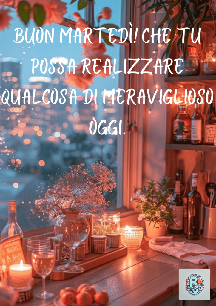 Un-angolo-di-cucina-illuminato-da-candele-con-una-vista-su-una-città-scintillante,-accompagnato-da-un-messaggio-che-augura-un-martedì-motivante-e-speciale