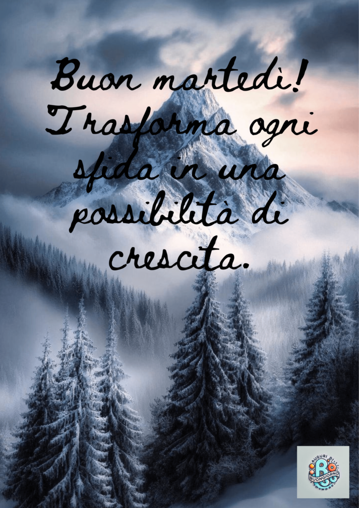 Un-paesaggio-invernale-con-montagne-innevate-e-una-foresta-di-abeti,-accompagnato-da-un-messaggio-che-incoraggia-a-trasformare-le-sfide-in-crescita.