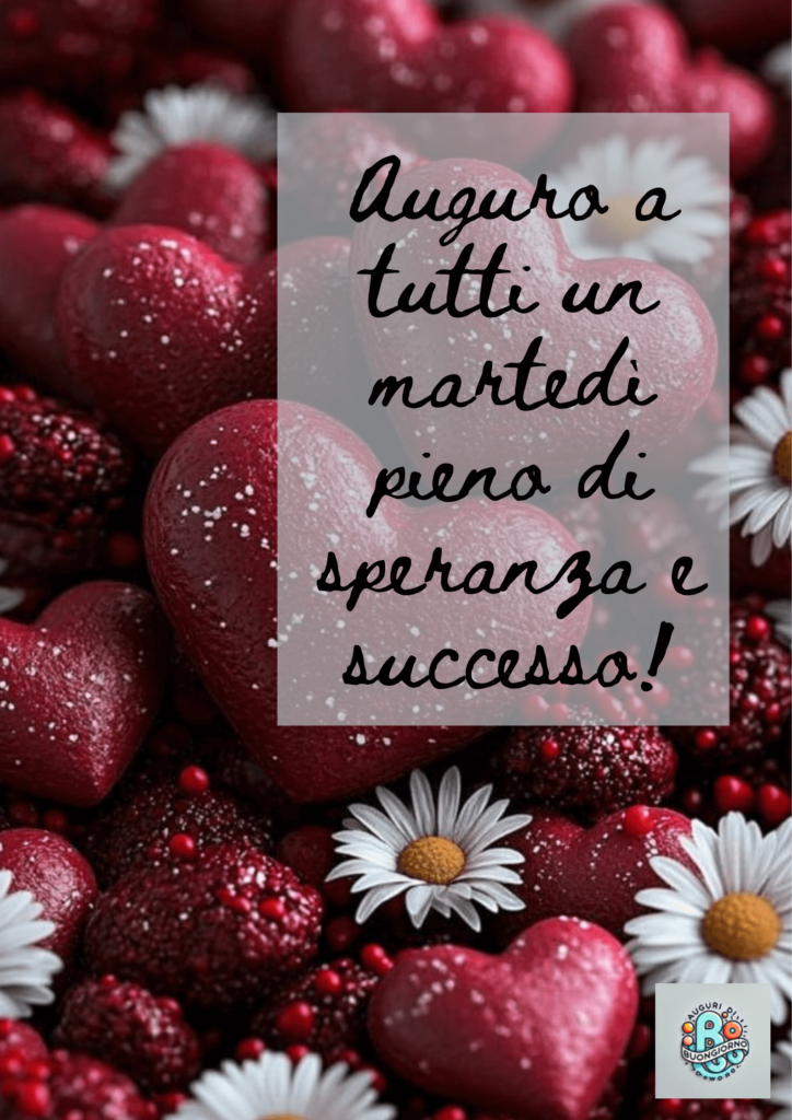 Cuori-rossi-con-zucchero-a-velo,-lamponi,-bacche-e-margherite-bianche,-accompagnati-da-un-messaggio-che-augura-speranza-e-successo-per-il-martedì.