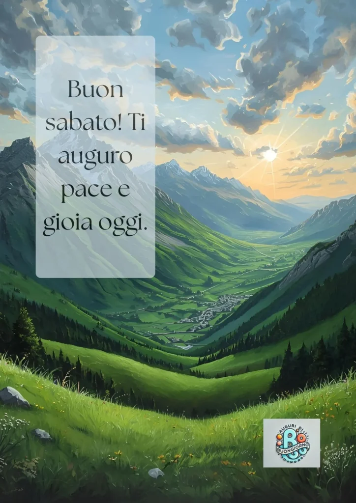 Valle verde luminosa con montagne e cielo nuvoloso, con il testo “Buon sabato! Ti auguro pace e gioia oggi.”