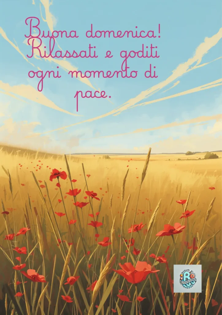 Campo di papaveri rossi sotto un cielo blu con il messaggio “Buona domenica! Rilassati e goditi ogni momento di pace.
