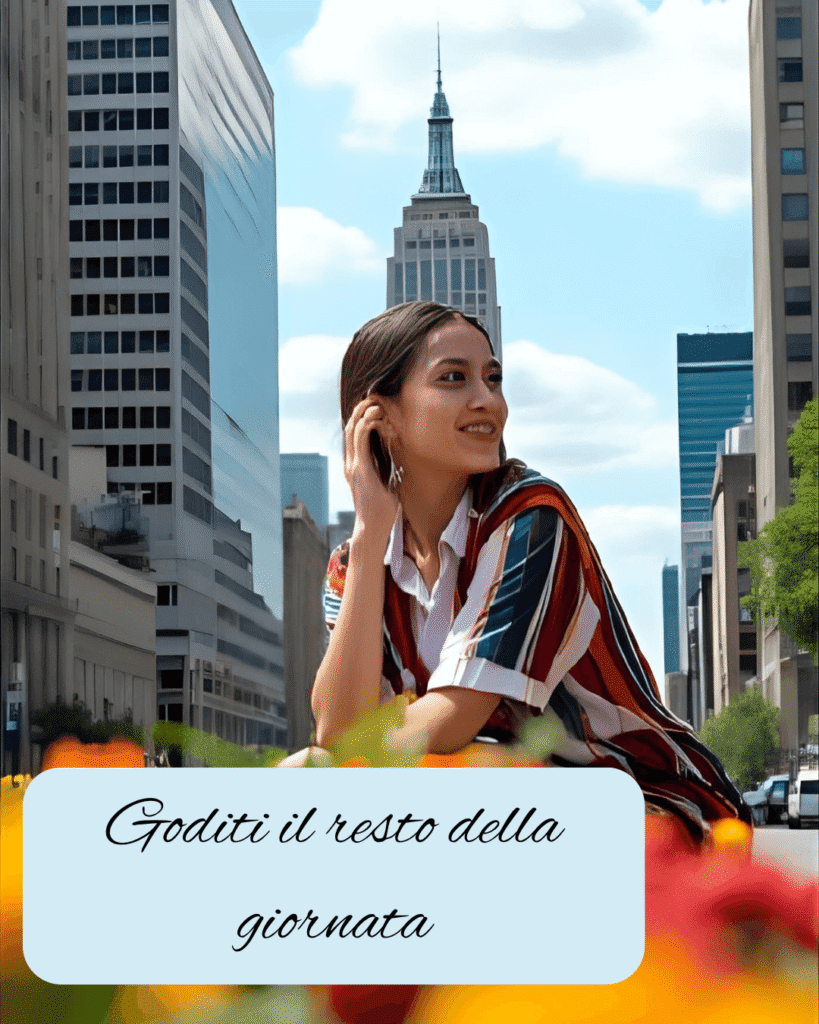 giovane-donna-sorridente-in-una-città-modera-con-sullo-sfondo-l-empire-state-building-e-fiori-colorati-in-primo-piano-con-la-frase-goditi-il-resto-della-giornata