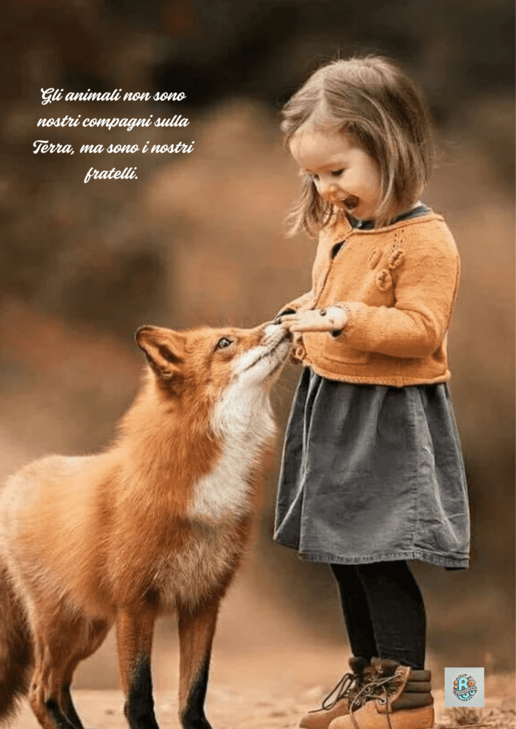 Una bambina interagisce delicatamente con una volpe, a simboleggiare il legame tra esseri umani e animali, celebrato durante la Giornata Mondiale degli Animali.