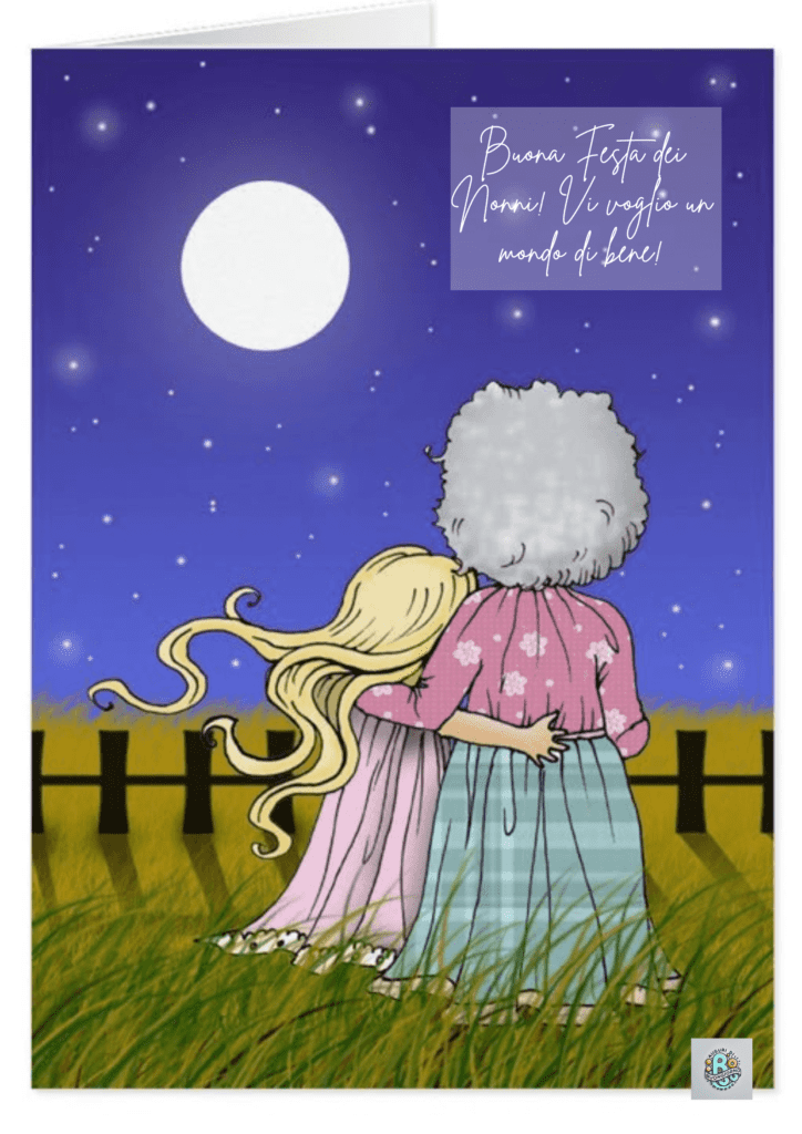 Una dolce illustrazione di una nonna e una nipote che condividono un momento sotto la luna piena, celebrando la Festa dei Nonni con amore e connessione tra generazioni.