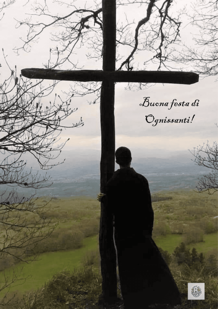 A man gazing at a large cross in a serene landscape, symbolizing a moment of deep reflection and faith during Ognissanti.