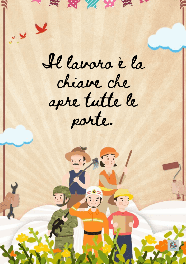 Un'illustrazione vivace che celebra la diversità delle professioni, con il lavoro come chiave che apre tutte le porte, in onore della Festa del Lavoro.