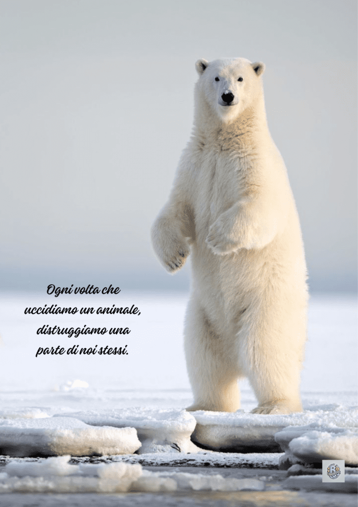Un potente orso polare in piedi in mezzo al ghiaccio, che rappresenta forza e vulnerabilità, con un messaggio sull'importanza di proteggere gli animali nella Giornata Mondiale degli Animali