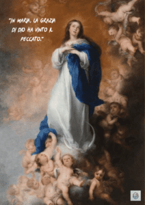 Madonna in veste bianca e blu tra gli angeli