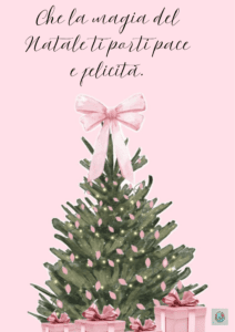 Un-albero-di-Natale-rosa-con-fiocchi-rosa,-accompagnato-da-un-augurio-di-pace-e-felicità-per-il-Natale