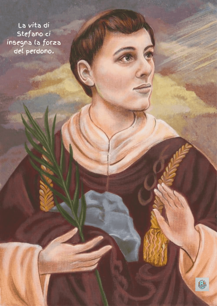 La-vita-di-Santo-Stefano-ci-insegna-la-forza-del-perdono: Un'immagine-di-Santo-Stefano-con-un-ramo-di-palma-e-una-pietra,-simboleggiando-il-perdono-e-il-sacrificio.-Un'illustrazione-che-celebra-il-martirio-e-l'insegnamento-di-Santo-Stefano-nelle-Feste-Cristiane.