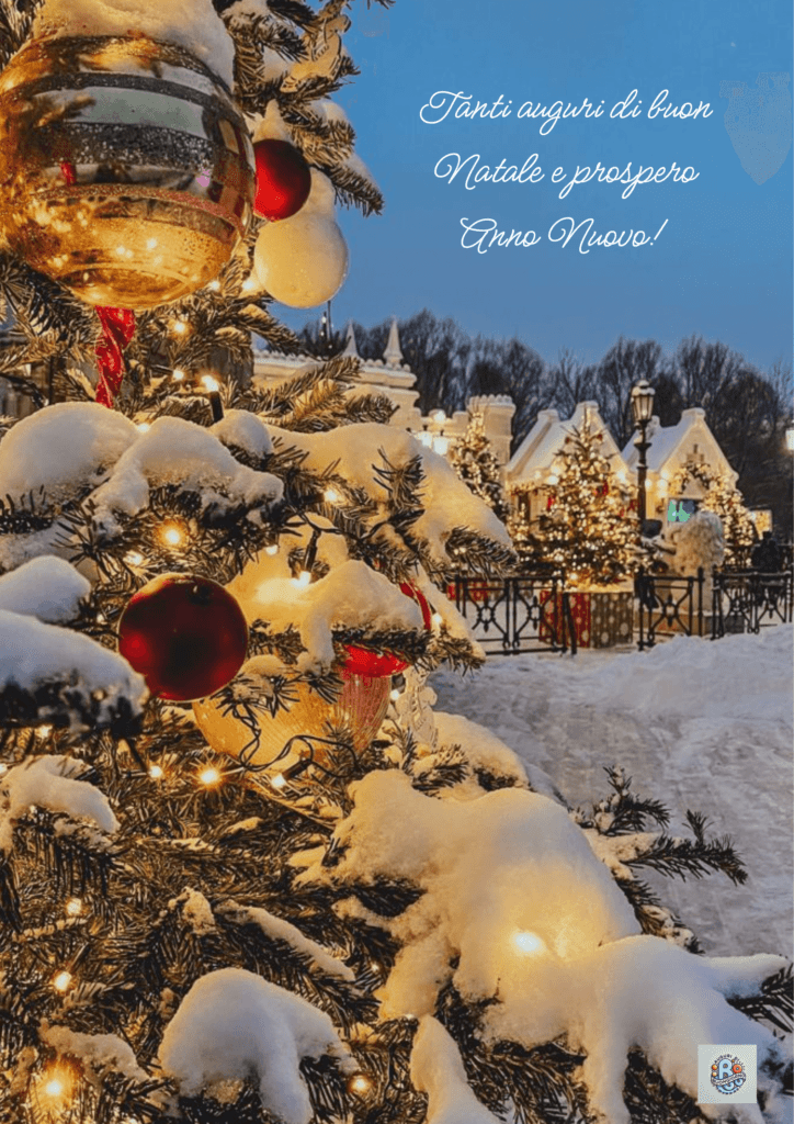 Albero-di-Natale-con-decorazioni-dorate-sul-fondo-di-un-paesaggio-innevato-e-test-"Tanti-auguri-di-buon-Natale-e-prospero-Anno-Nuovo