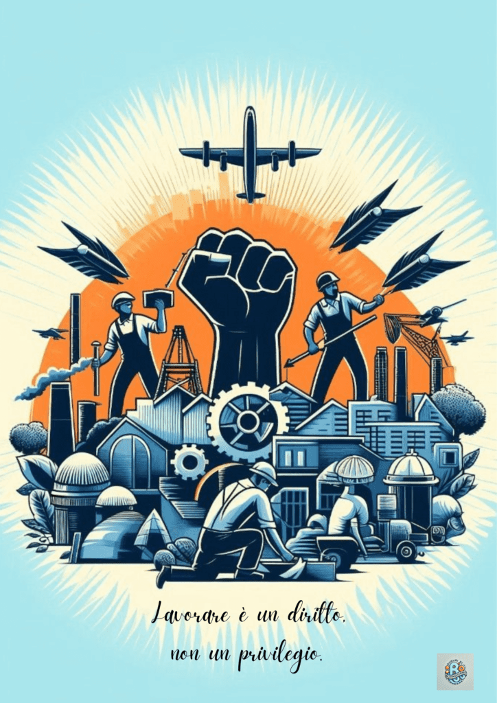 Un'illustrazione potente che simboleggia il lavoro come un diritto fondamentale, celebrando la lotta per i diritti dei lavoratori, in onore della Festa del Lavoro
