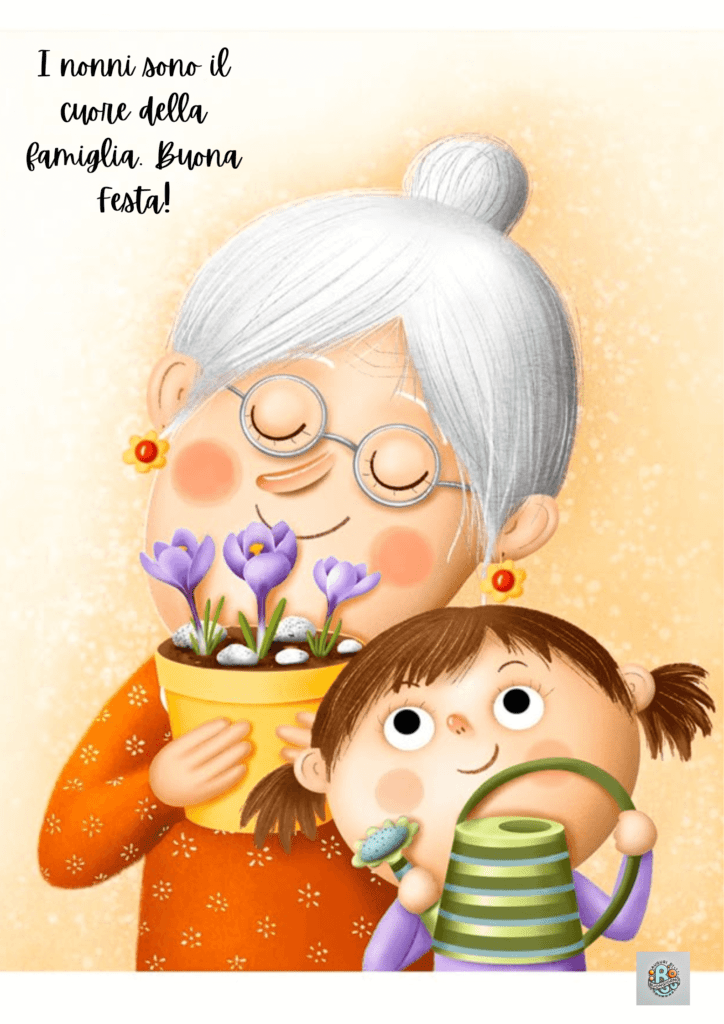 Un'allegra illustrazione di una nonna e una nipote che piantano fiori, simbolo di cura, amore e legame condiviso tra generazioni, perfetta per la Festa dei Nonni.