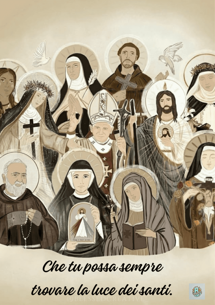 A group of saints depicted in a warm, artistic style, symbolizing Ognissanti and reflecting deep faith and spirituality.