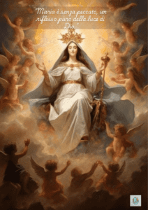 Madonna in abito bianco incoronata di luce, circondata da angeli