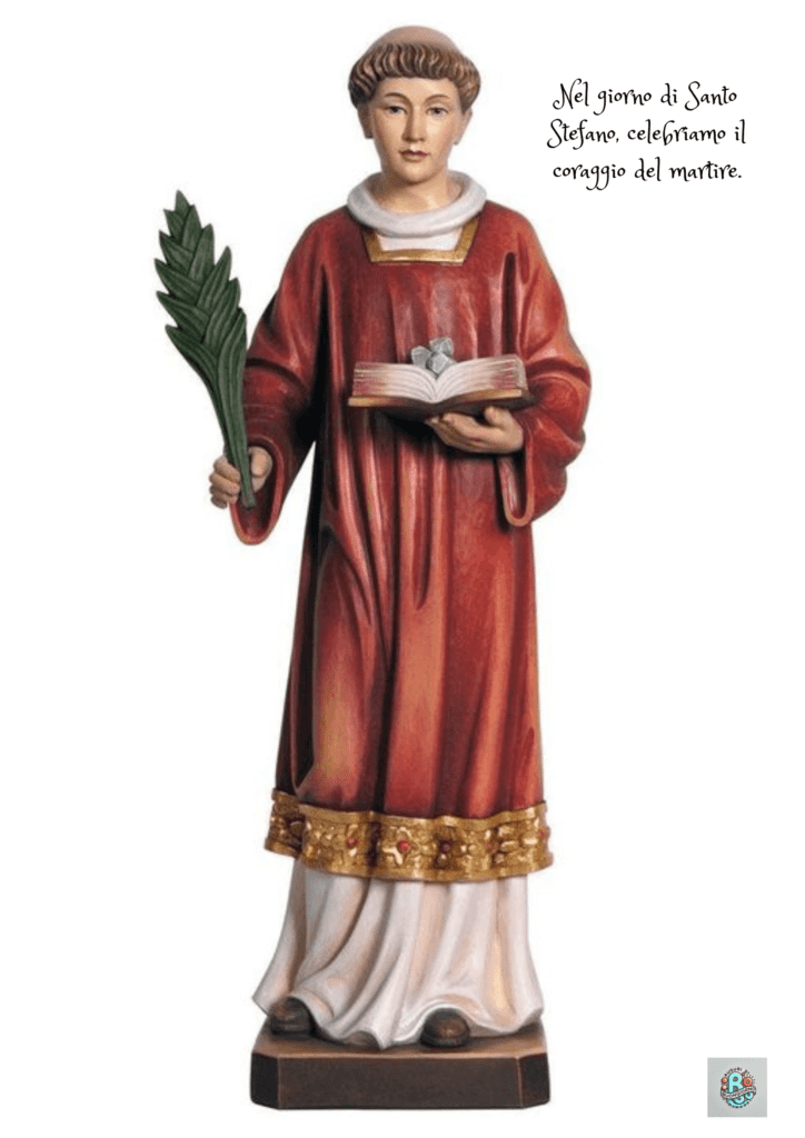 Nel-giorno-di-Santo-Stefano-celebramo-il-coraggio-del-martire: Un-immagine-di-Santo-Stefano-con-un-ramo-di-palma-e-un-libro-in-mano,-simbolizzando-il-coraggio-e-la-devozione-nella-celebrazione-del-martirio,-in-un-contesto-di-Feste-Cristiane.