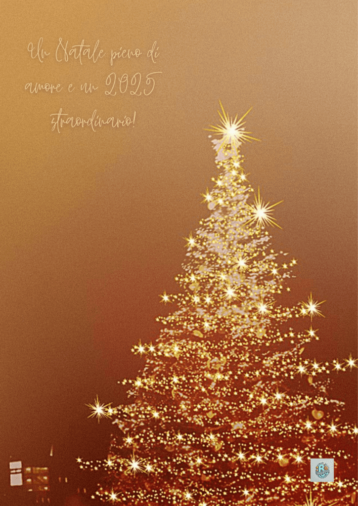 Albero-di-Natale-con-luci-dorate-e-brillanti-sul-fondo-di-un-colorato-paesaggio-natalizio-e-test-"Un-Natale-pieno-di-amore-e-un-2025-straordinario
