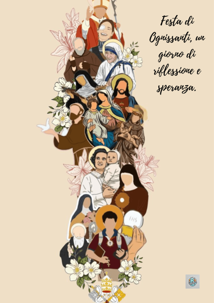 A collage of sacred figures, including saints, madonnas, and religious characters, representing the spiritual essence of Ognissanti.
