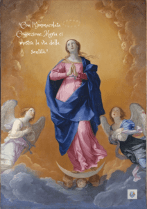 Madonna in veste rosa e manto blu tra gli angeli