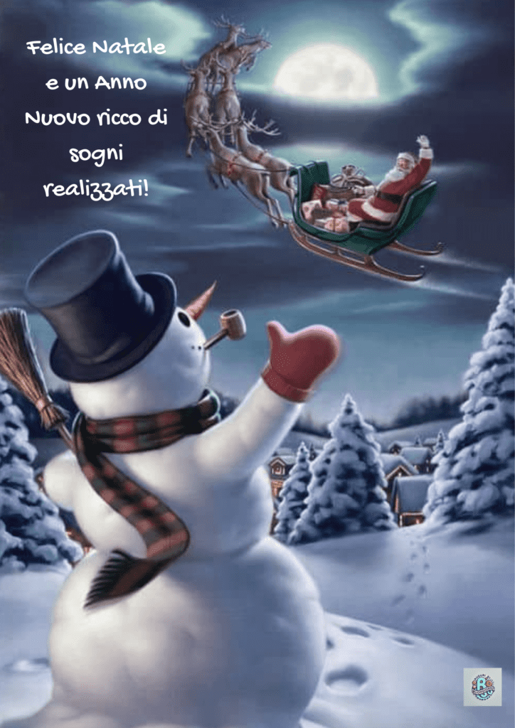 Pupazzo-di-neve-che-vede-Santa-Claus-in-sleigh-volare-sopra-un-paesaggio-innevato-e-test-"Felice-Natale-e-un-Anno-Nuovo-ricco-di-sogni-realizzati