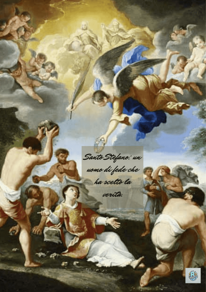 Santo-Stefano-un-uomo-di-fede-che-ha-scelto-la-verità: Un-illustrazione-di-Santo-Stefano-nel-momento-del-martirio,-simbolo-di-fede-e-verità,-un'iconografia-delle-Feste-Cristiane-rappresentando-il-suo-sacrificio-per-la-verità.