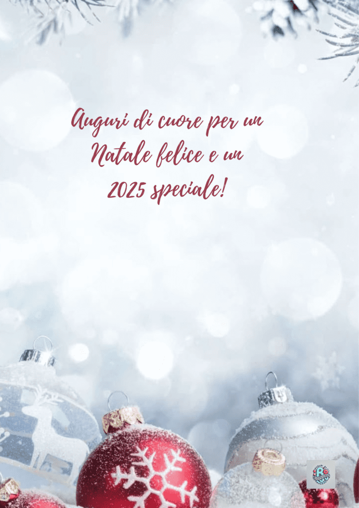 Palline-di-Natale-con-neve-e-sfondo-sfocato-e-test-"Auguri-di-cuore-per-un-Natale-felice-e-un-2025-speciale