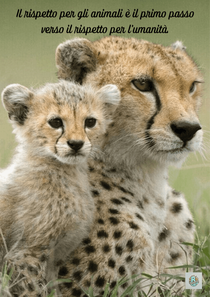 Un ghepardo e un cucciolo simboleggiano il legame tra esseri umani e animali, con una citazione sul rispetto, nell'ambito della Giornata Mondiale degli Animali.
