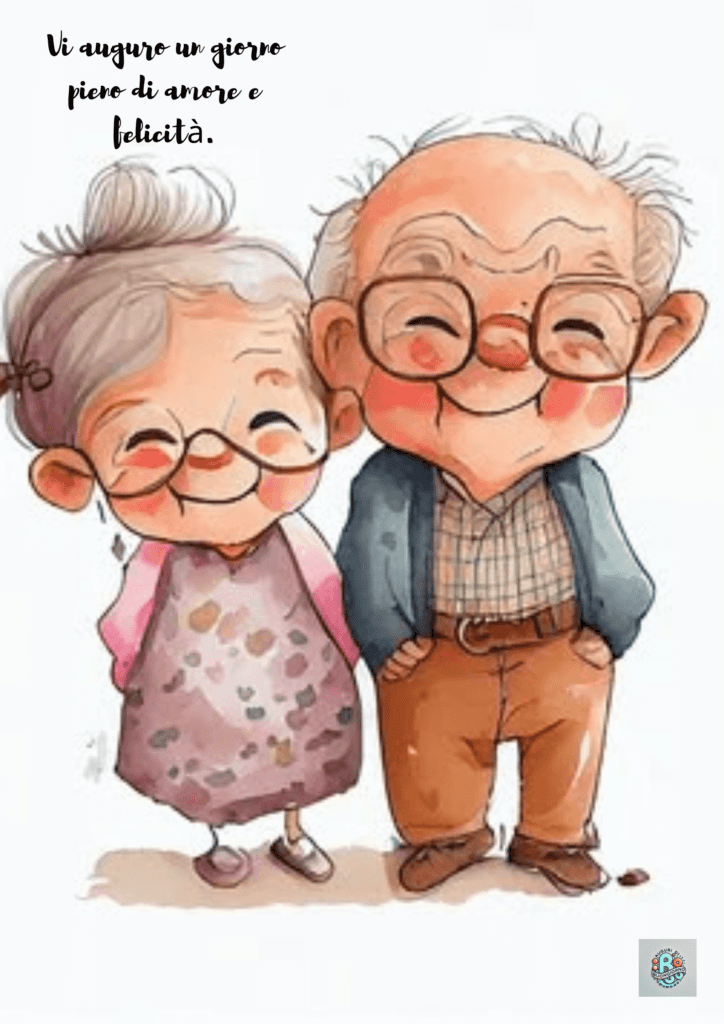 Un'illustrazione gioiosa di una coppia di anziani sorridenti e in piedi insieme, che celebrano la Festa dei Nonni, con un messaggio che augura pace, amore e felicità