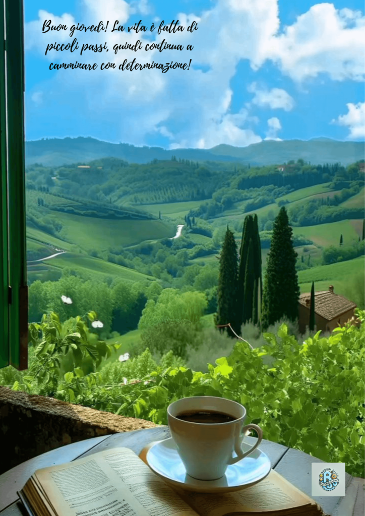 Questa immagine rappresenta la bellezza della natura e l'importanza di continuare a camminare con determinazione. Il paesaggio verdeggiante e la tazza di caffè simboleggiano il momento di riflessione prima di affrontare il giorno. La citazione ci invita a percorrere piccoli passi verso i nostri obiettivi, mentre la calma del paesaggio ci ricorda che ogni passo, anche lento, è un passo verso il successo. Un perfetto inizio di giovedì in armonia con la natura e la propria determinazione.