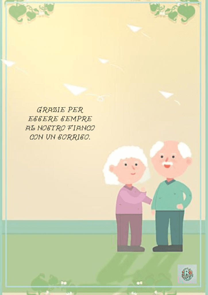 Un'illustrazione di due nonni anziani che si tengono per mano, sorridenti insieme, con un messaggio di ringraziamento per la loro costante presenza e il loro supporto, perfetto per la Festa dei Nonni.