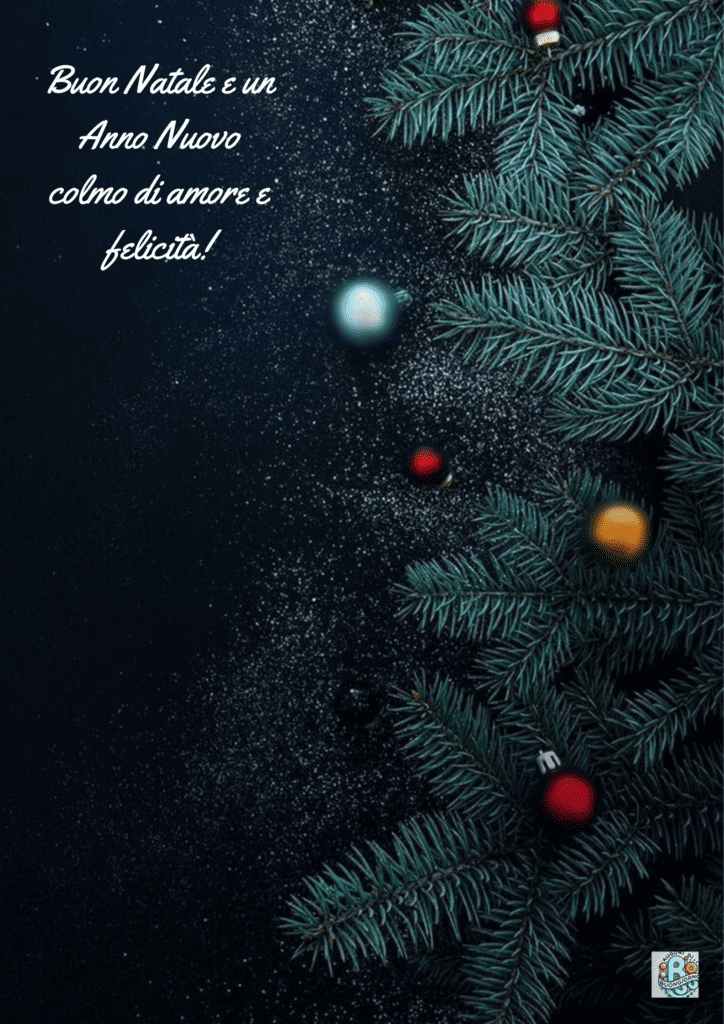 Dettaglio-di-ramo-di-albero-di-Natale-con-palline-e-sabbia-natalizia-e-test-"Buon-Natale-e-un-Anno-Nuovo-colmo-di-amore-e-felicità
