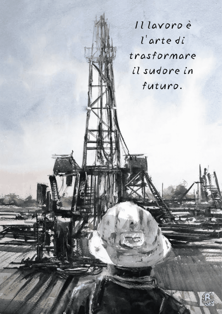 Un'illustrazione che rappresenta un operaio che lavora nel settore energetico, sottolineando il valore del lavoro come trasformazione del sudore in futuro e sviluppo.
