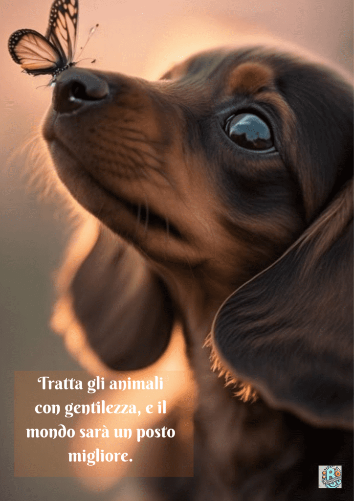 Un cane che osserva una farfalla, a simboleggiare la gentilezza verso gli animali e l'impatto positivo che può avere sul mondo, onorato durante la Giornata Mondiale degli Animali