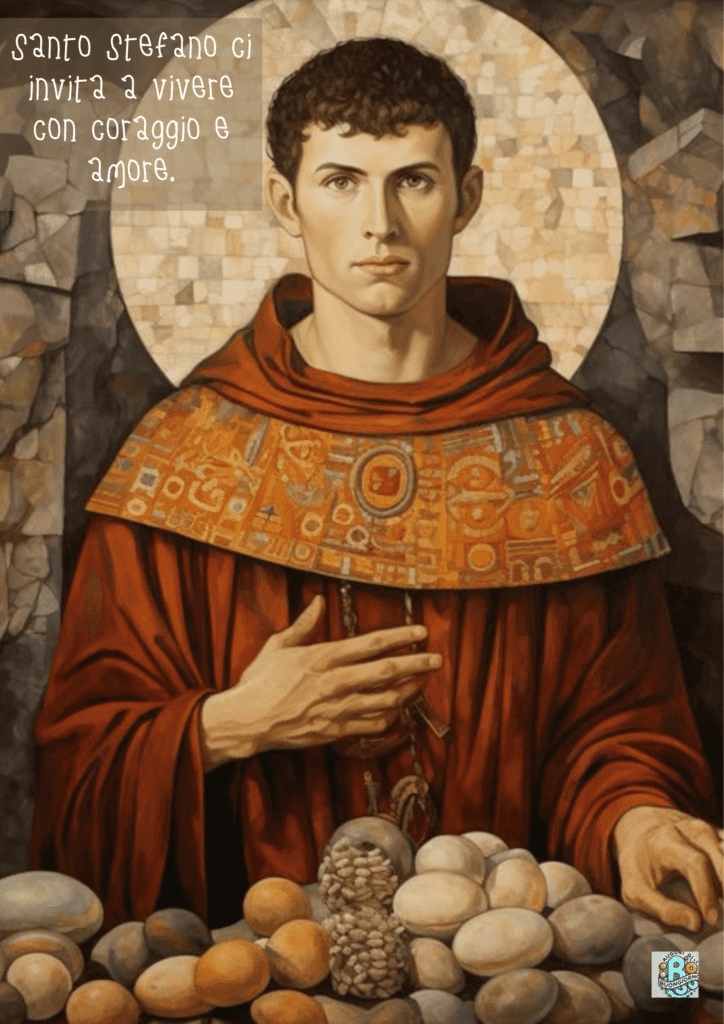 Santo-Stefano-ci-invita-a-vivere-con-coraggio-e-amore: Un-immagine-di-Santo-Stefano-in-pose-dedicata,-con-sguardo-serio-e-simboli-di-courage-e-amore,-in-un-riferimento-alla-sua-vita-e-ai-valori-delle-Feste-Cristiane.