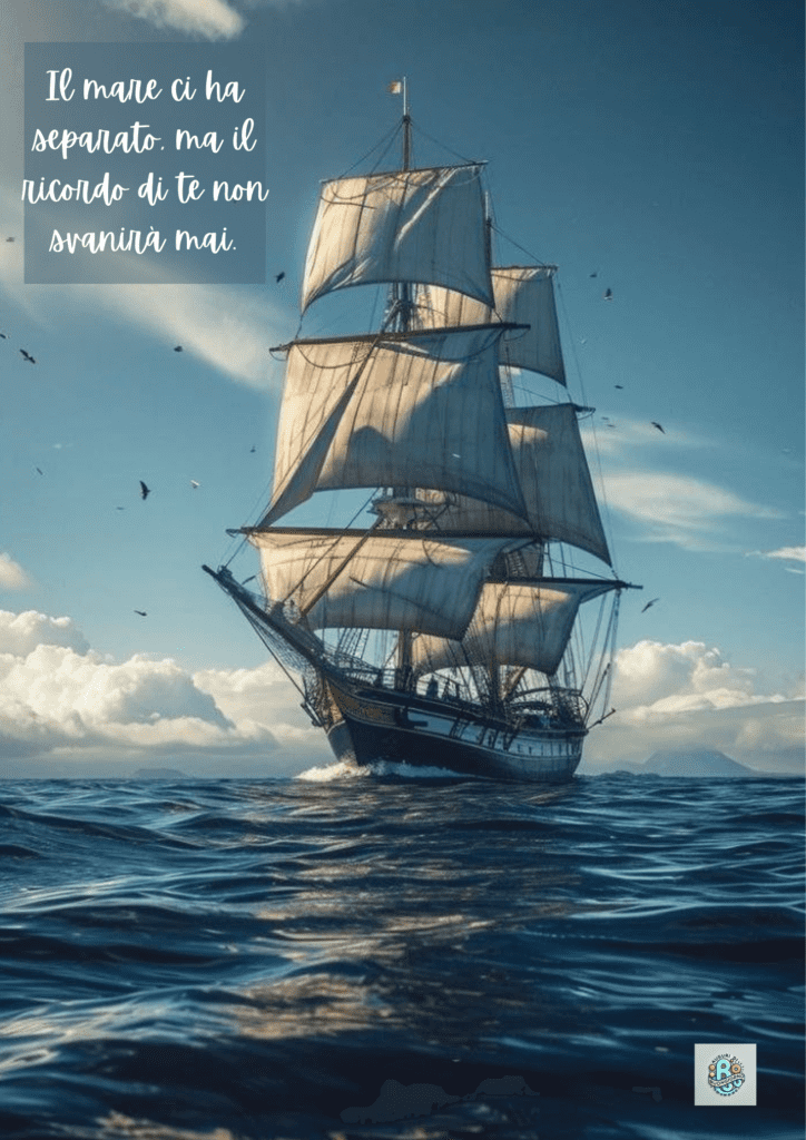 Una nave a vela solca il mare, con la citazione 'Il mare ci ha separato, ma il ricordo di te non svanirà mai', in memoria del Giorno della Memoria dei Marinai.