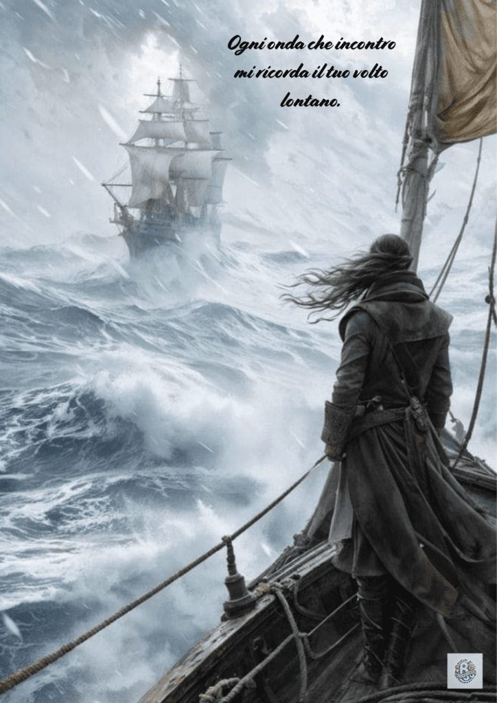 Un marinaio su una nave in tempesta, con la frase 'Ogni onda che incontro mi ricorda il tuo volto lontano', in onore del Giorno della Memoria dei Marinai.