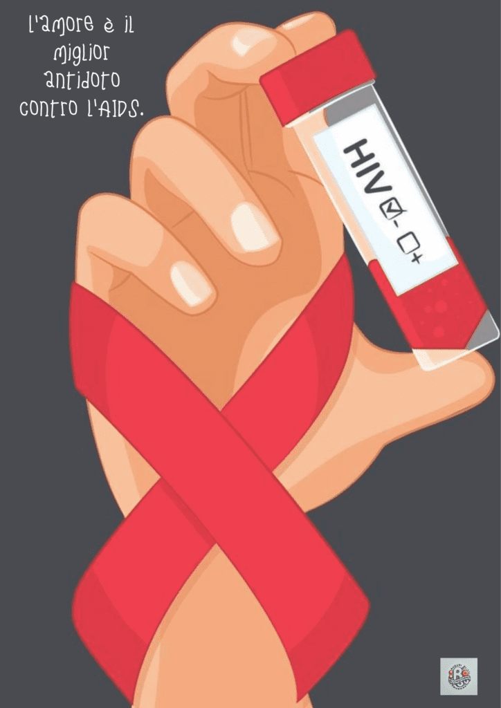 Mano che tiene una provetta con etichetta HIV, avvolta da un nastro rosso