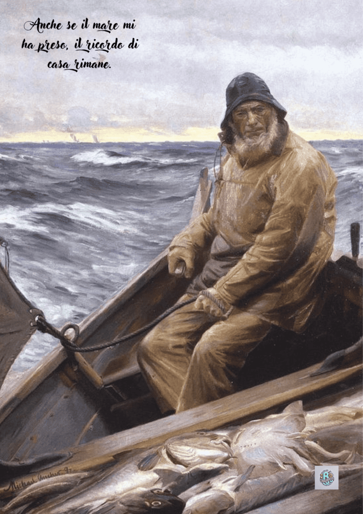 Un marinaio in una barca durante una tempesta, con la citazione 'Anche se il mare mi ha preso, il ricordo di casa rimane', in onore della Giornata di Commemorazione dei Marinai.