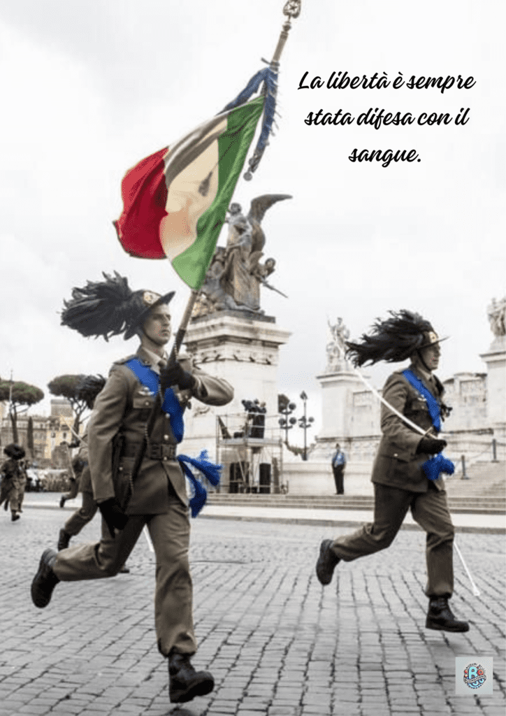 Un soldato che marcia con la bandiera italiana, simbolo della protezione della libertà. La citazione "La libertà è sempre stata difesa con il sangue" enfatizza il sacrificio fatto per proteggere la libertà.