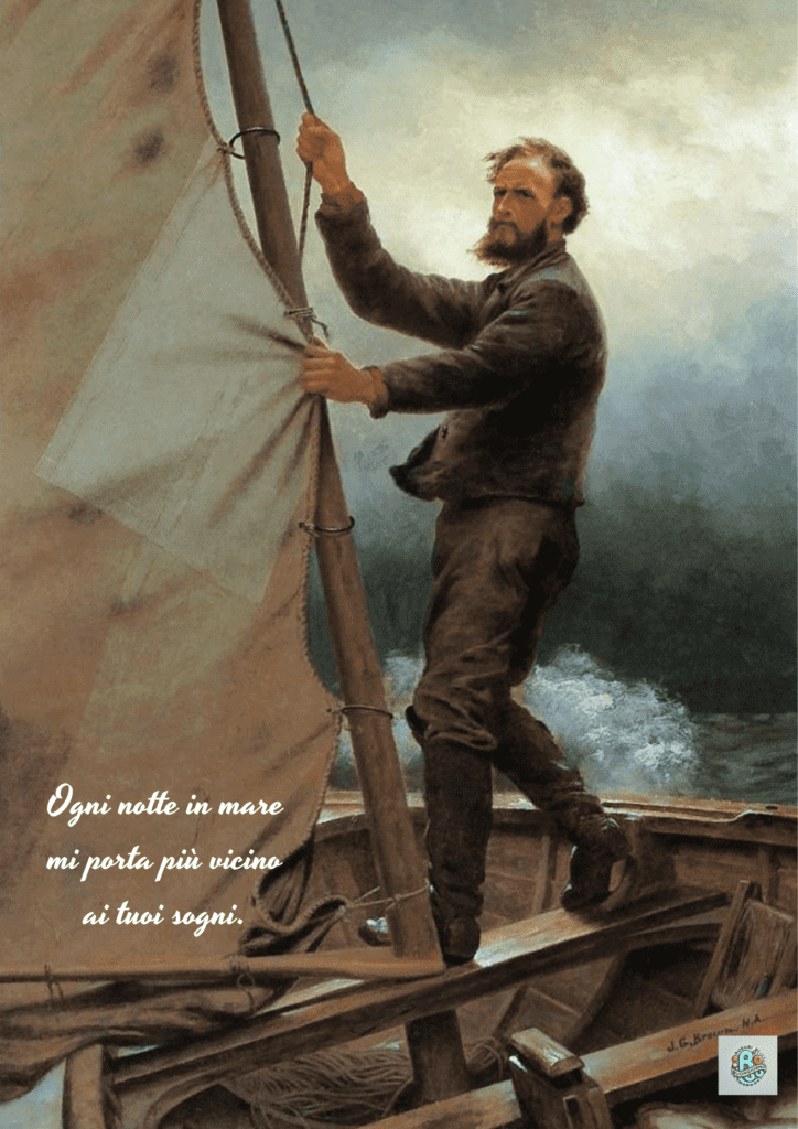 Un marinaio al timone di una barca, con la frase 'Ogni notte in mare mi porta più vicino ai tuoi sogni', per celebrare la Giornata di Onore ai Marinai.