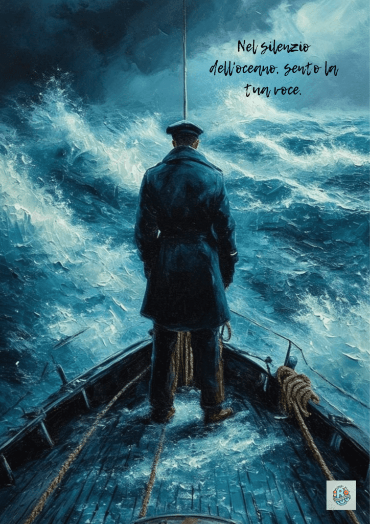 Un marinaio in piedi su una barca, guardando il mare in tempesta, con la citazione 'Nel silenzio dell'oceano, sento la tua voce', per ricordare il Giorno del Ricordo dei Marinai Scomparsi.