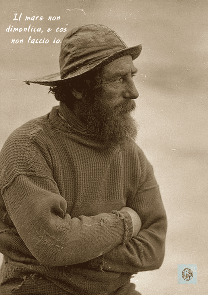 Un marinaio anziano con barba, con la frase 'Il mare non dimentica, e così non faccio io', per celebrare il Giorno della Memoria dei Marinai Caduti.