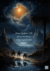Stella-dei-Magi-sopra-un-paesaggio-notturno-con-cammelli-durante-il-Giorno-dell'Epifania-con-il-testo-Buona-Epifania-Che-ogni-tuo-desiderio-si-realizzi-in-questa-nuova-stagione.