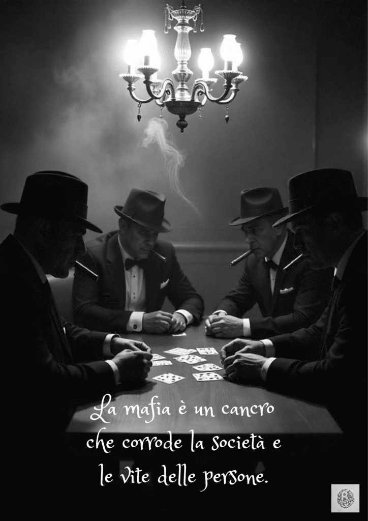 Un gruppo di uomini che gioca a carte in una stanza poco illuminata, rappresenta l'influenza della mafia sulla società. La scena illustra la corruzione e il potere del crimine organizzato, un tema centrale nella Giornata Nazionale in Memoria delle Vittime della Mafia.